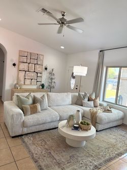 Beige Striped Sectional Sofa with Chaise