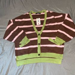 MEROKEETY WOMEN CARDIGAN SWEATER MULTI COLORS COFFEE BROWN/PINK  STRIPS AND GREEN COLLAR