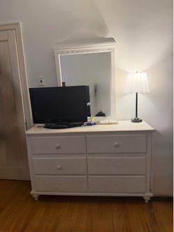 White Wooden Dresser with Mirror and Tall Chest of Drawers
