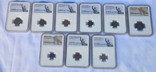 9 ancient Roman bronze coins (mainly AE3 and AE4 denominations, such as Nummi and Half-Centenionales) authenticated and encapsulated by NGC Ancients