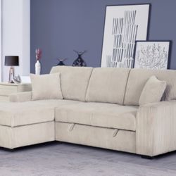 Taupe Fabric LHF Pull Out Sectional Sofa & Storage