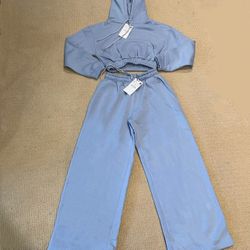 Zara Long Sleeve Sweatsuit Set With Hoodie And Wide Legs Size S