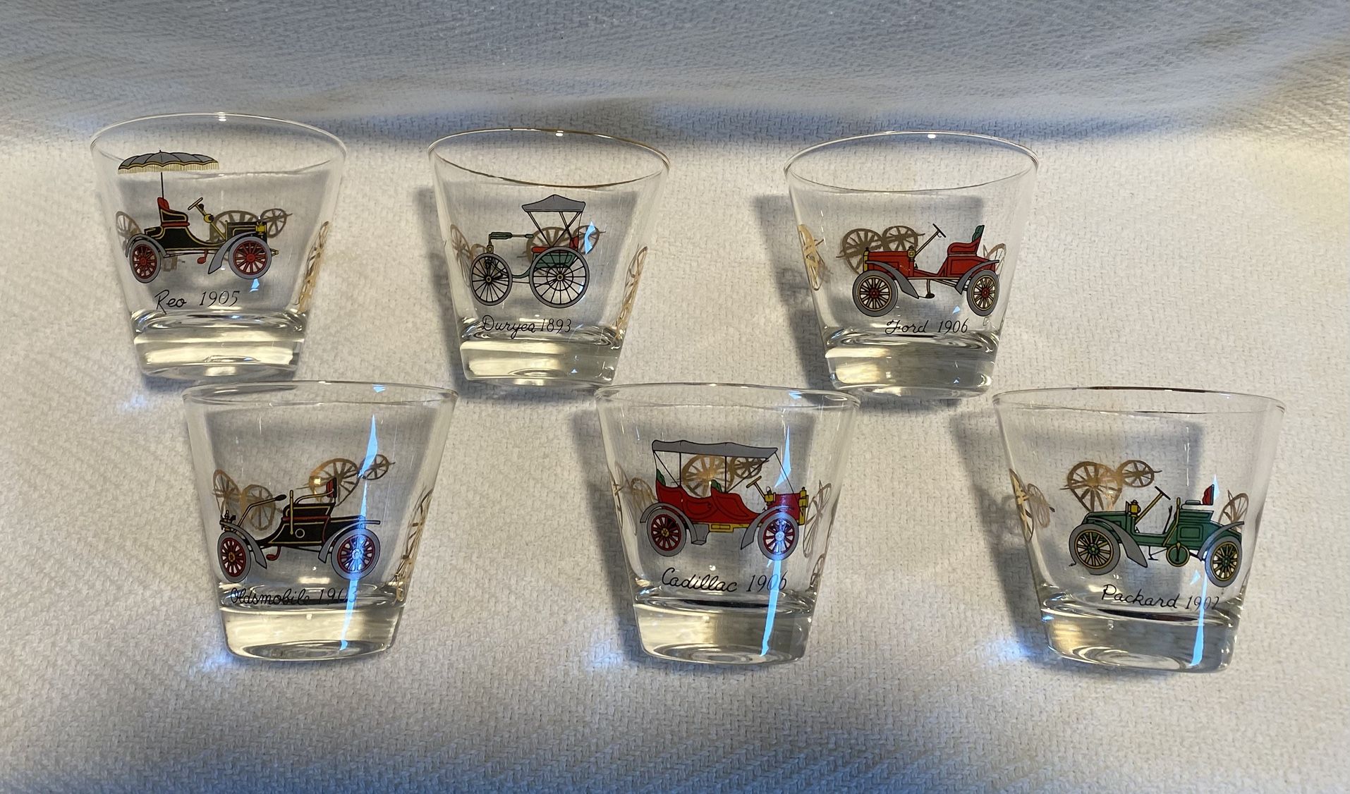 Set Of 6 Vintage Whiskey, Cocktail Classic Antique Car Theme Glasses With Gold Trim
