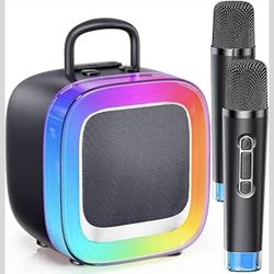 New Portable Bluetooth Karaoke Machine with 2 Mics RGB Lights Black