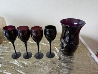 4 Mikasa Wine Glasses, Amethyst Purple & Vase