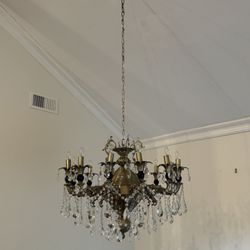 Large Vintage Brass & Crystal Chandelier