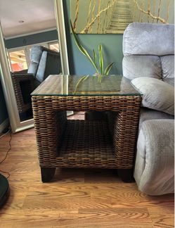 2 brown woven end tables