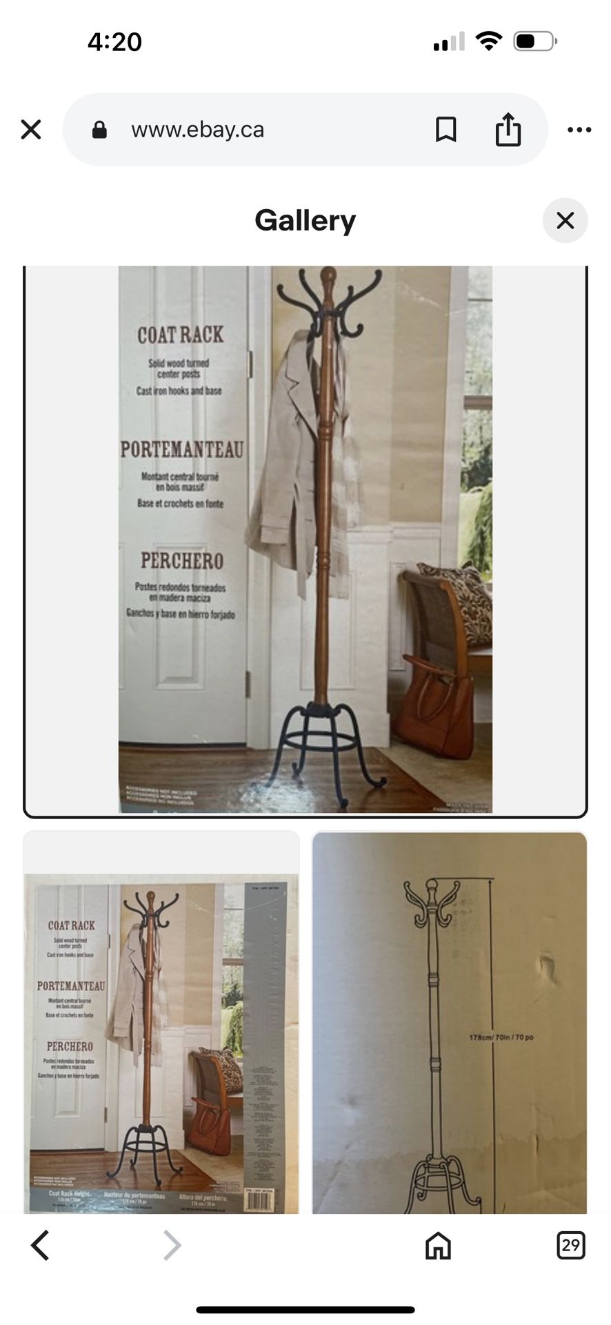 Solid Wood Coat Rack Stand Natural Cast Iron Hooks And Base Freestanding 70 x 20