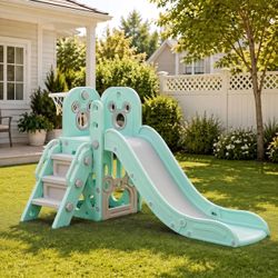 6 in 1 Toddler Slide Playset, Sturdy L-Shaped Climber w/Basketball & Hoop