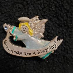Vintage Signed AJMC Angel Pin Brooch "Grandmas are a Blessing" Enamel Gold Tone