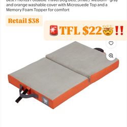 Best Friends Foldable Travel Dog Bed, Small / Medium - gray and orange washable cover with Microsuede Top and a Memory Foam Topper for comfort