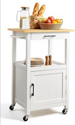 Kitchen Trolley with Storage Space, Trolley Auxiliary Table with Worktop, Single Door Storage Cabinet and Drawer for Kitchen, Dining Room, White