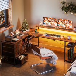 New AODK 61 Inch L-Shaped Desk with Drawer, Computer Desk with Power Outlets and LED Lights, Reversible Corner Gaming Desk for Home Office, Study Tabl