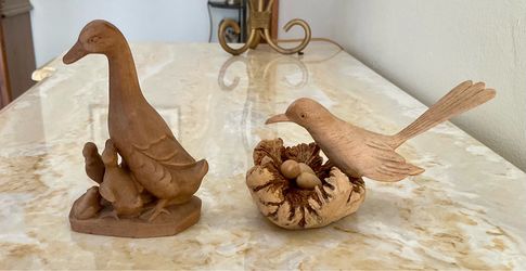 2 Vintage Intricately Carved Wood Figurines Duck and Bird