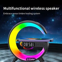 Upgraded APP Control Big G Light Multifunctional Wireless Charger Stand Pad Subwoofer Speaker Color LED RGB Night Light Alarm Clock for Apple iPhone 1