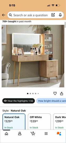 Fluted Vanity Desk with LED Mirror and Storage