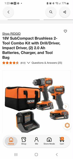 New Ridgid 18v subcompct brushless 2- tool combo kit Witherspoon drill/ driver, impact driver,2/ 2 2.0 ah batteries ,charger, and tool bag
