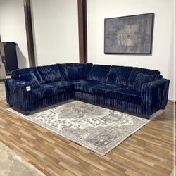 Viral Fluffy Blue Corduroy Sectional + FREE Ottoman — Ultra Cozy & Stylish