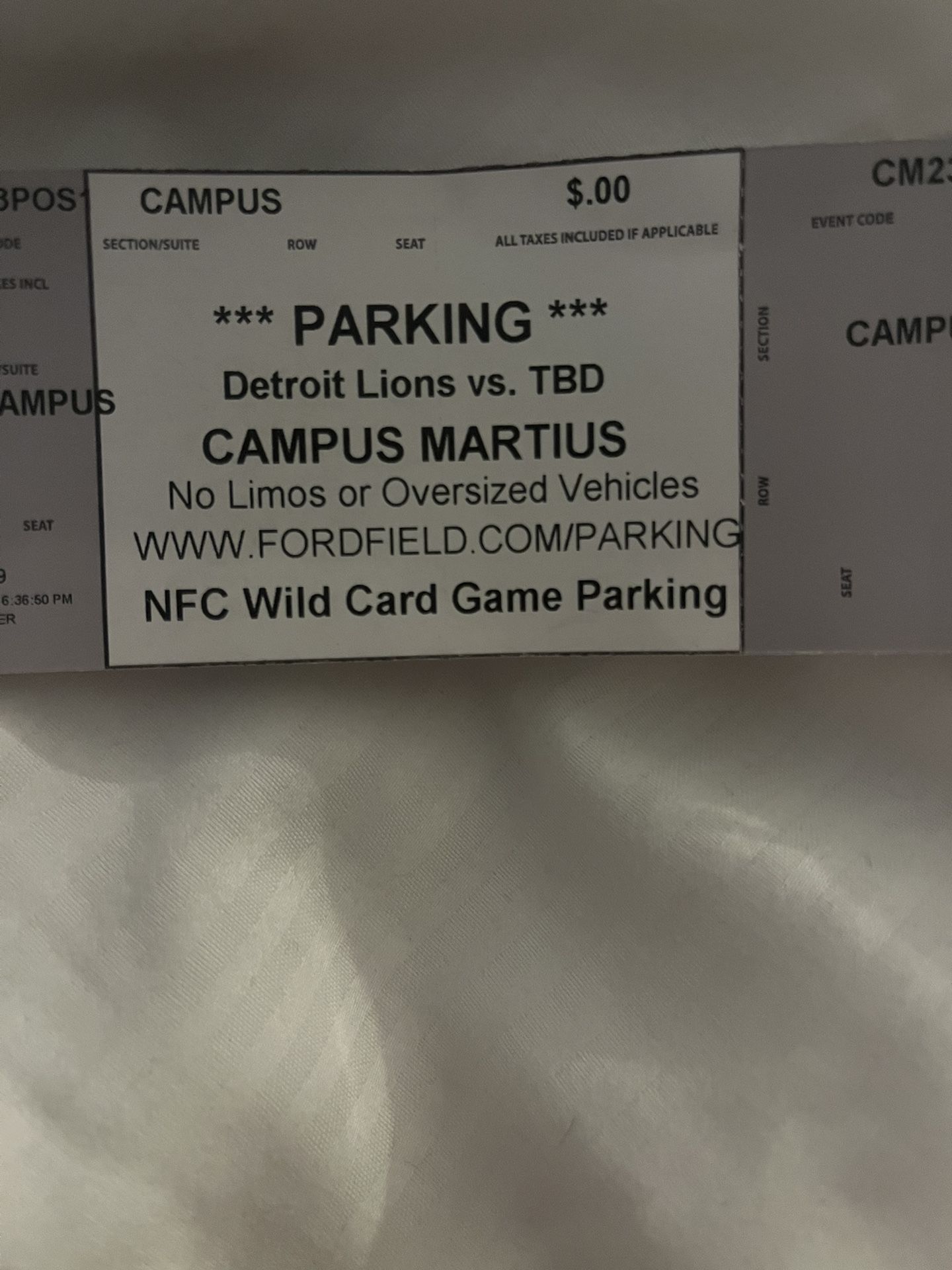 Lions Vs rams Wildcard Game Parking Pass  Ticket 