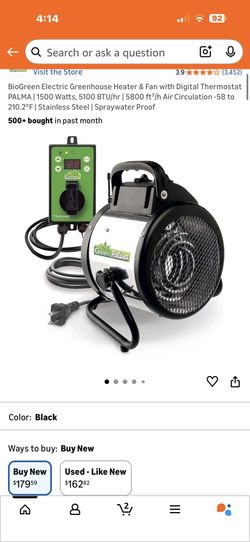 BioGreen Electric Greenhouse Heater & Fan with Digital Thermostat PALMA | 1500 Watts, 5100 BTU/hr | 5800 ft³/h Air Circulation -58 to 210.2°F | Stainl