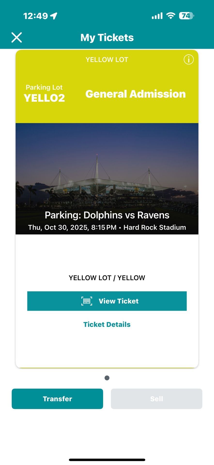 Miami Dolphins Parking Pass Yellow
