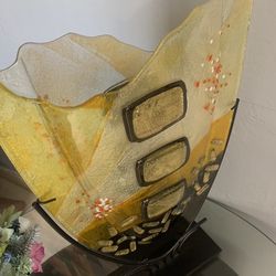 Check Last Photo For Price Reference . Bello Búcaro De Cristal Y Metal Dorado Plateado Y Negro 24”