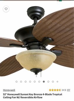 52" Honeywell Sunset Key Bronze 4-Blade Tropical Ceiling Fan W/ Reversible Airflow