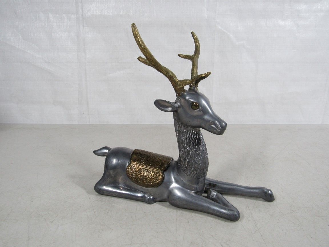 Reindeer Stag Deer Buck Pewter Brass Reclining Statue 9" Length