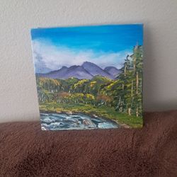 Bob Ross Inspired Hand Painted Cardstock Oil Paint Mountains Hills
