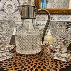 Vintage Crystal Decanter Set with 6 Ornate Glass Goblets 