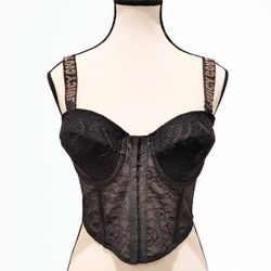JUICY COUTURE Black Lace Bustier Corset Top w/Adjustable/Removable Straps; Front Hook-And-Eye Closure