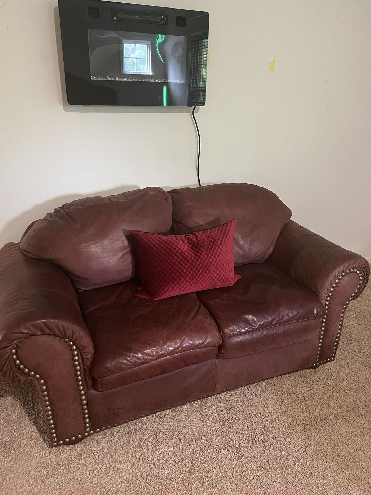 Red Completely Leather Loveseat “New Price To Go Quickly”