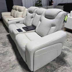 Leather Reclining Sofa with Power Headrests & Cooling Console – Brand New w Tags