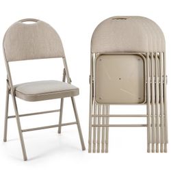 Set of 6 Folding Chairs Fabric Upholstered Padded Seat Metal Frame Home Office Beige