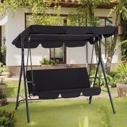 3-Person Outdoor Swing Set with Convertible Canopy - Weather-Resistant Frame, Breathable Mesh Fabric, Ergonomic Backrest, and Adjustable Shade - Perfe