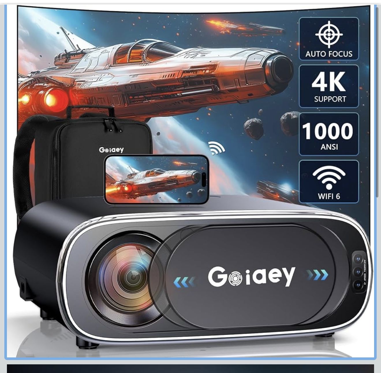 [AI Auto Focus+Auto Lens Cover] 4K Projector with WiFi and Bluetooth, Goiaey 680ANSI FHD 1080P Outdoor Projector, Auto 6D Keystone&50%-100% Zoom, Port