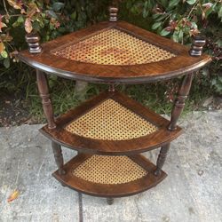Vintage French Corner Triple Shelf Rattan Cane Wooden Pedestal Stand 