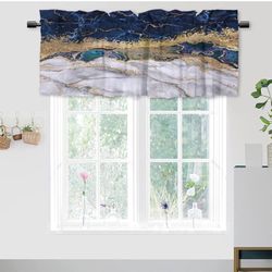 Window Treatment Valances,Abstract Modern Art Gold Foil Cracked Texture Navy Blue Marble Rod Pocket Curtain Valance for Bathroom Living Room Bedroom