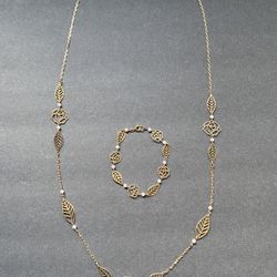 Goldtone With Faux Pearl Necklace & Bracelet Set