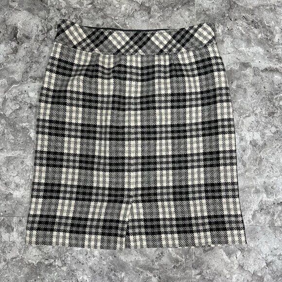 Vintage LL Bean Wool Blend Black & White Tartan Plaid Lined Skirt Size 8 Reg