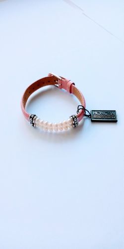 "NEW" AWESOME Leather "Honora" Cultured Pearl & Sterling Silver Adjustable Bracelet - Pink