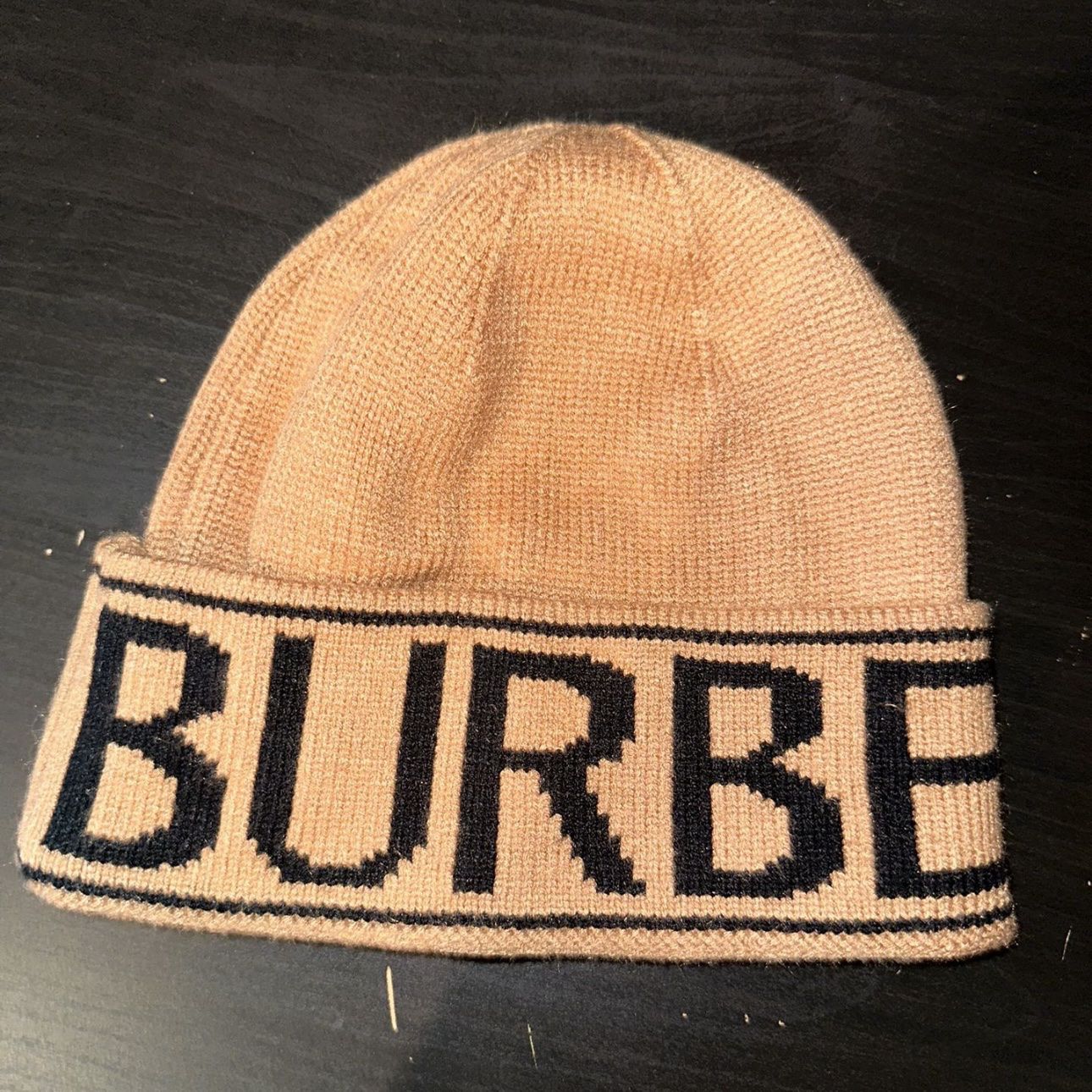 Burberry Tan Logo Black Knit Cashmere Beanie One Size Hat