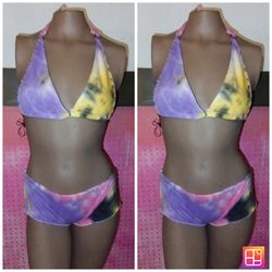 Two Piece Bikini Booty Shorts Beach DanceWear Rhinestone Tye Dye Set Small