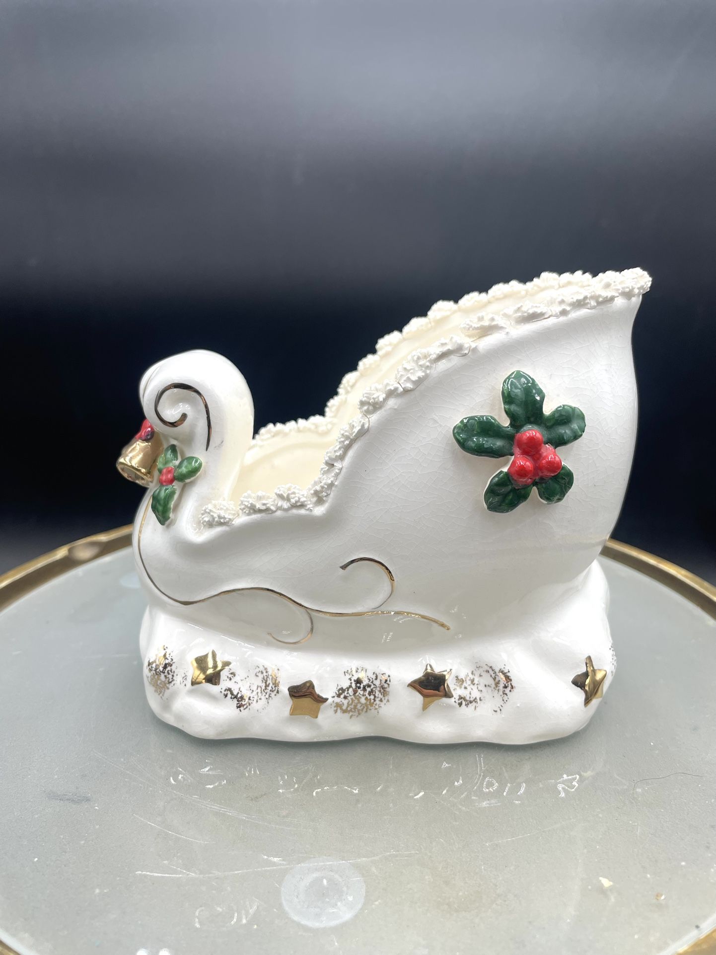 Vintage 1956 Napco Ceramic Sleigh AX927 Spaghetti Gold TRIM Accents 5”