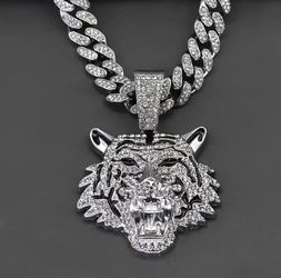 3-Pcs Fully Iced 14K White Gold-Plated Cubic Zirconia Tiger Head Pendant With 20"-24"Cuban Chain Necklace & Bracelet Set
