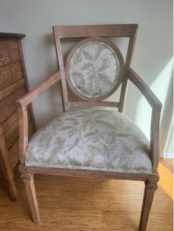 Baker chairs beige/sea green apholstery blonde wood with arm rests