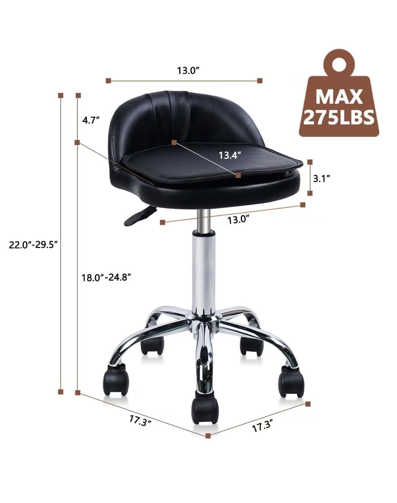 🥨2Pcs Rolling Swivel Salon Stool Chair with Back Rest Height Adjustable Drafting Task Chair Tattoo Facial Massage Medical Spa Stool, Black,