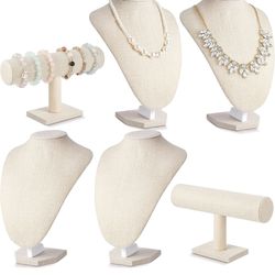 New 6 Pcs Jewelry Display Set Necklace Display Stand T Bar Bracelet Holder Jewelry Bust for Home Store Trade Show(Linen)