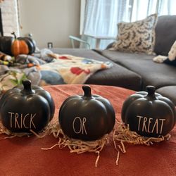 Rae Dunn set of three trick-or-treat pumpkins