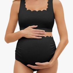 Summer Mae Scalloped Maternity Swimsuits for Women High Waist Bathing Suit Pregnancy Two-Piece Bikini Tie Knot Swimwear